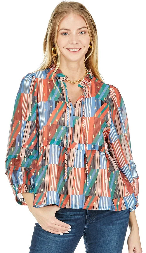 Geo Stripe Flounce Top