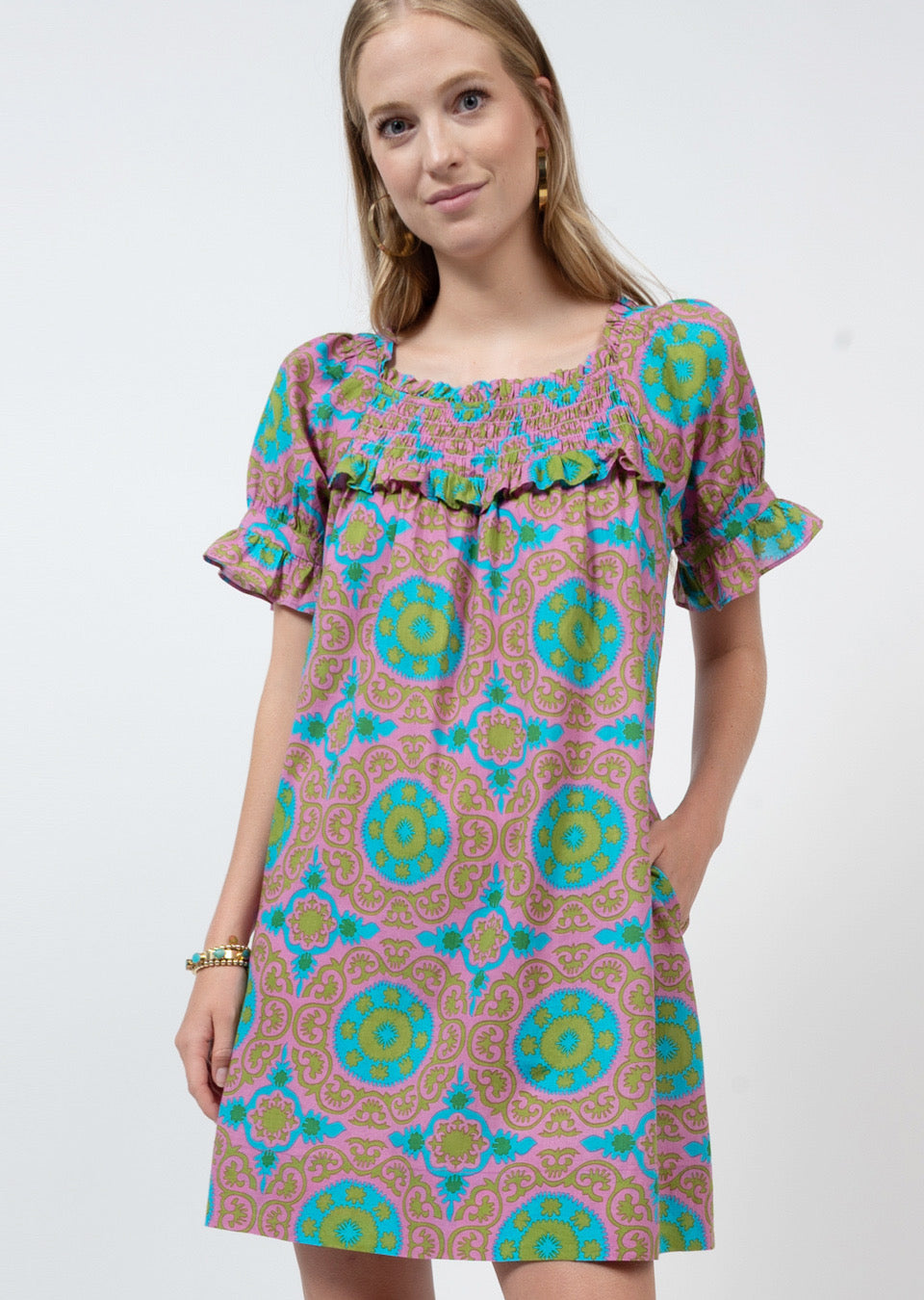 Smocked Tile Print Dress